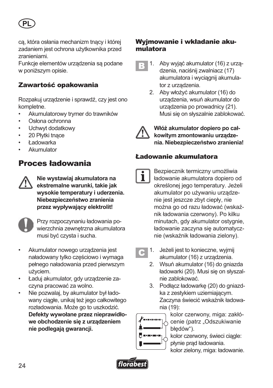 Proces ładowania | Florabest FRT 18 A1 User Manual | Page 24 / 106