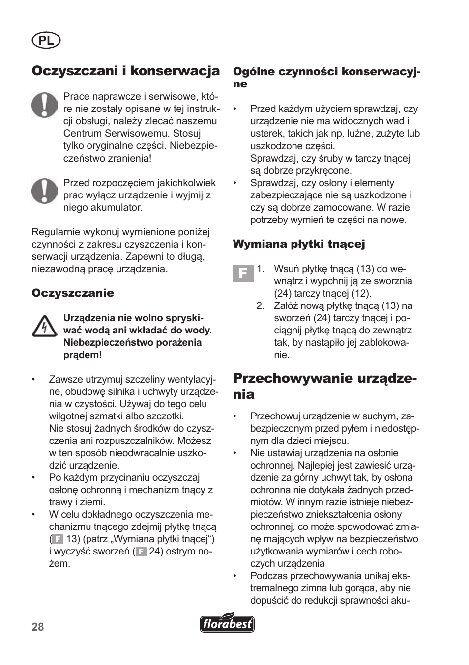Oczyszczani i konserwacja, Przechowywanie urządze- nia | Florabest FRT 18 A1 User Manual | Page 28 / 106