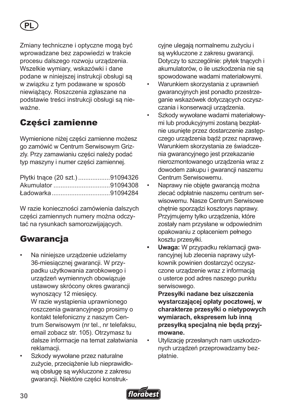 Części zamienne, Gwarancja | Florabest FRT 18 A1 User Manual | Page 30 / 106