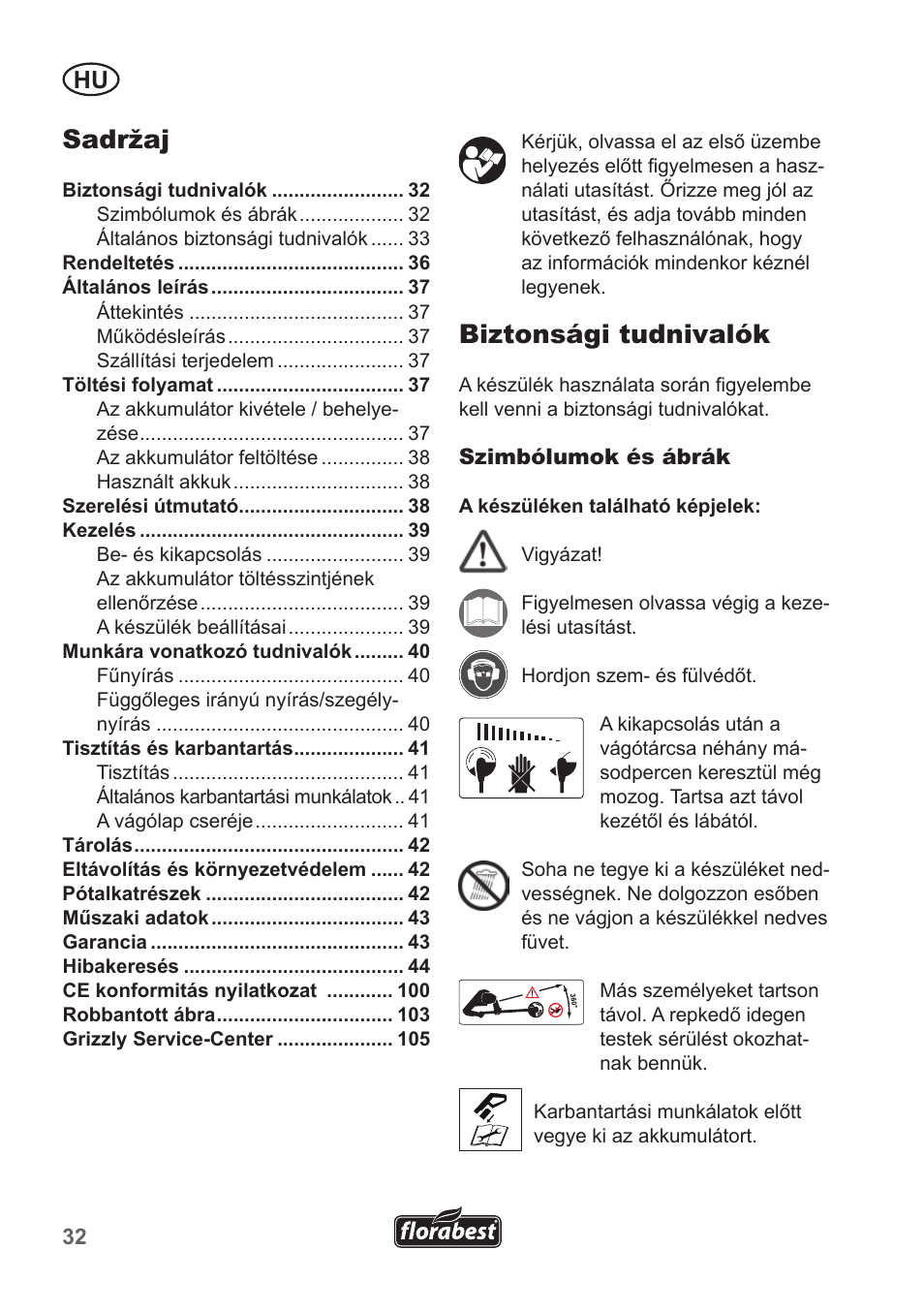 Sadržaj, Biztonsági tudnivalók | Florabest FRT 18 A1 User Manual | Page 32 / 106