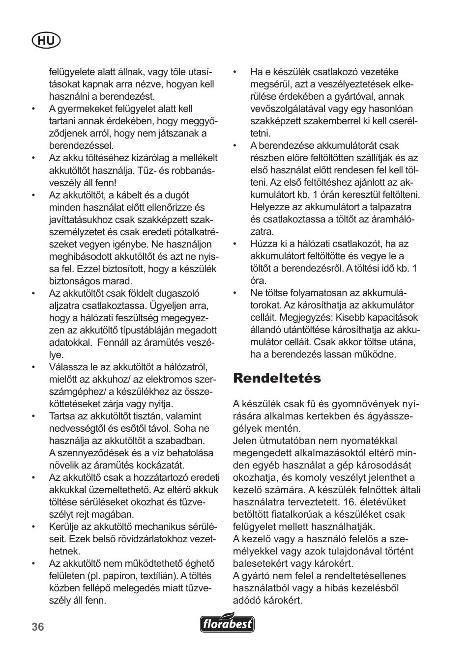 Rendeltetés | Florabest FRT 18 A1 User Manual | Page 36 / 106