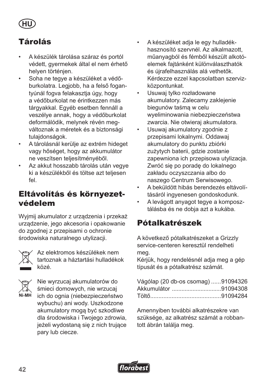 Tárolás, Eltávolítás és környezet- védelem, Pótalkatrészek | Florabest FRT 18 A1 User Manual | Page 42 / 106