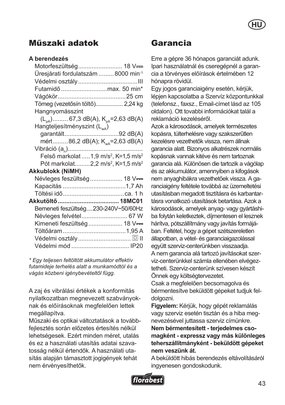 Műszaki adatok, Garancia | Florabest FRT 18 A1 User Manual | Page 43 / 106