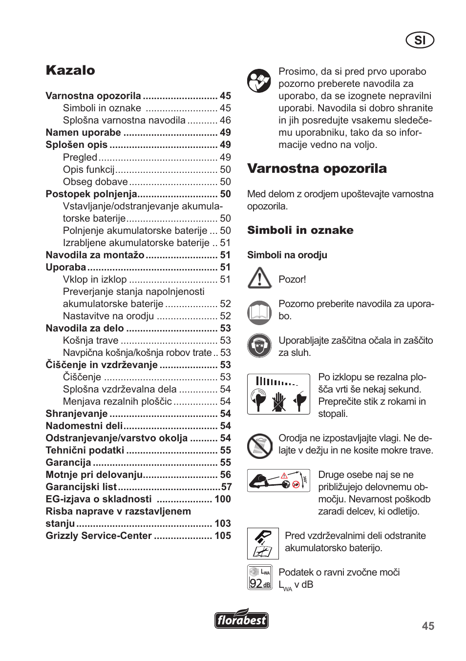 Kazalo, Varnostna opozorila | Florabest FRT 18 A1 User Manual | Page 45 / 106