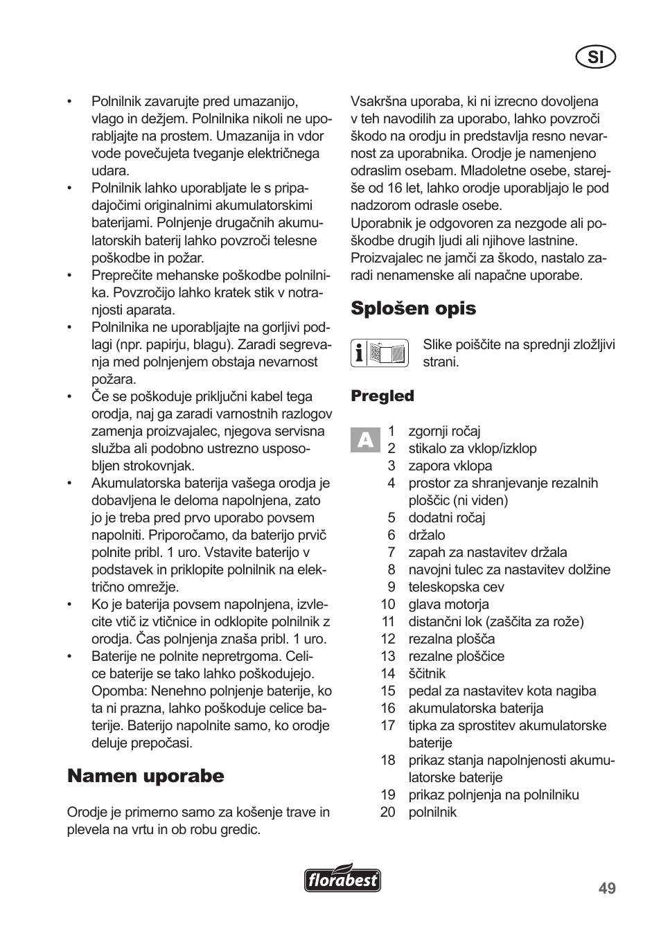 Namen uporabe, Splošen opis | Florabest FRT 18 A1 User Manual | Page 49 / 106