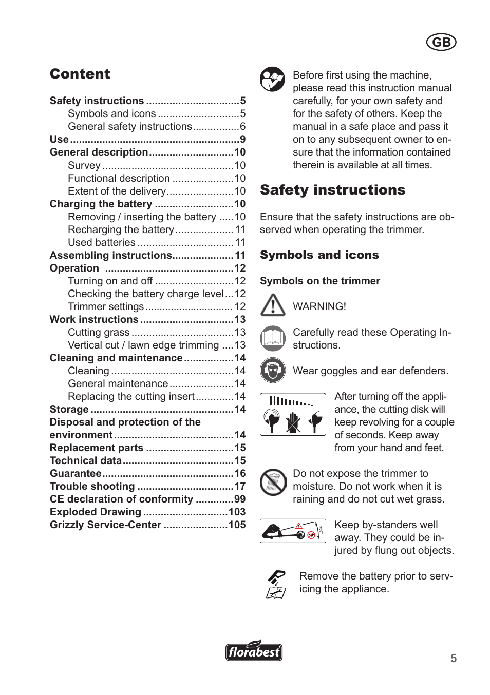 Content, Safety instructions | Florabest FRT 18 A1 User Manual | Page 5 / 106