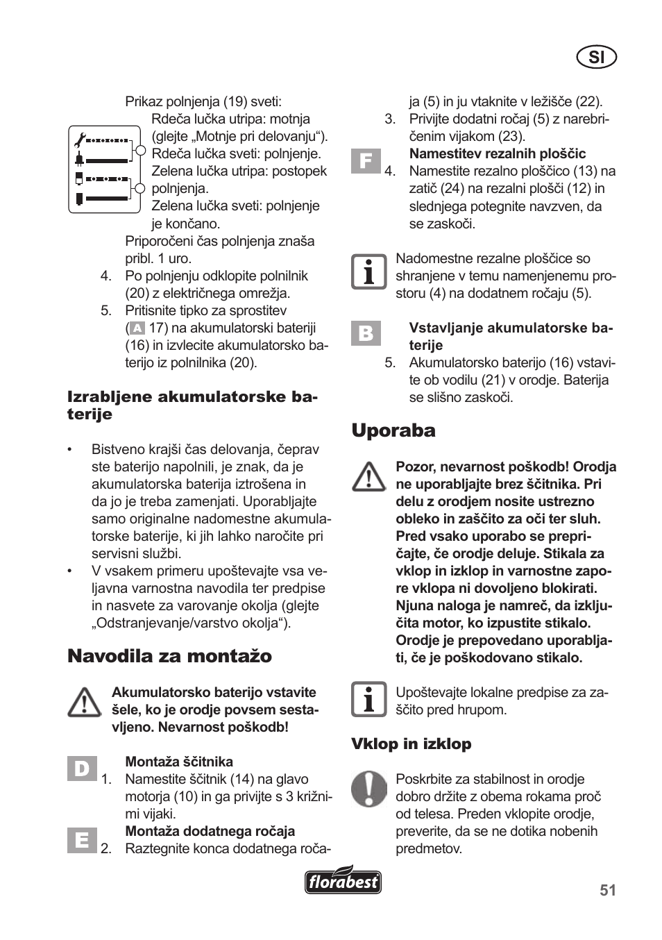 Navodila za montažo, Uporaba | Florabest FRT 18 A1 User Manual | Page 51 / 106