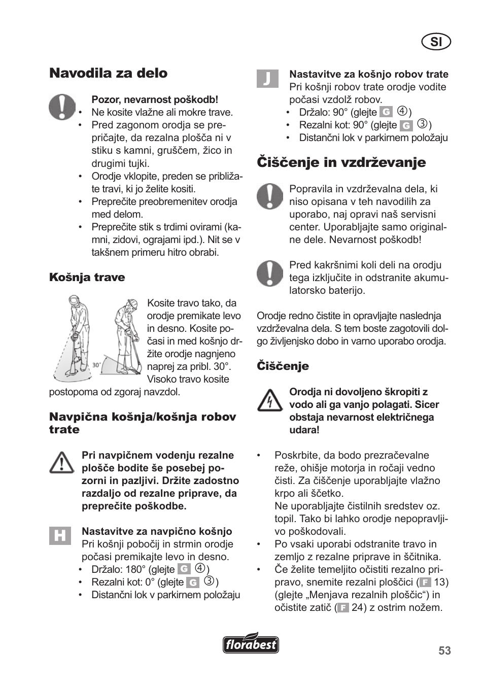 Navodila za delo, Čiščenje in vzdrževanje | Florabest FRT 18 A1 User Manual | Page 53 / 106