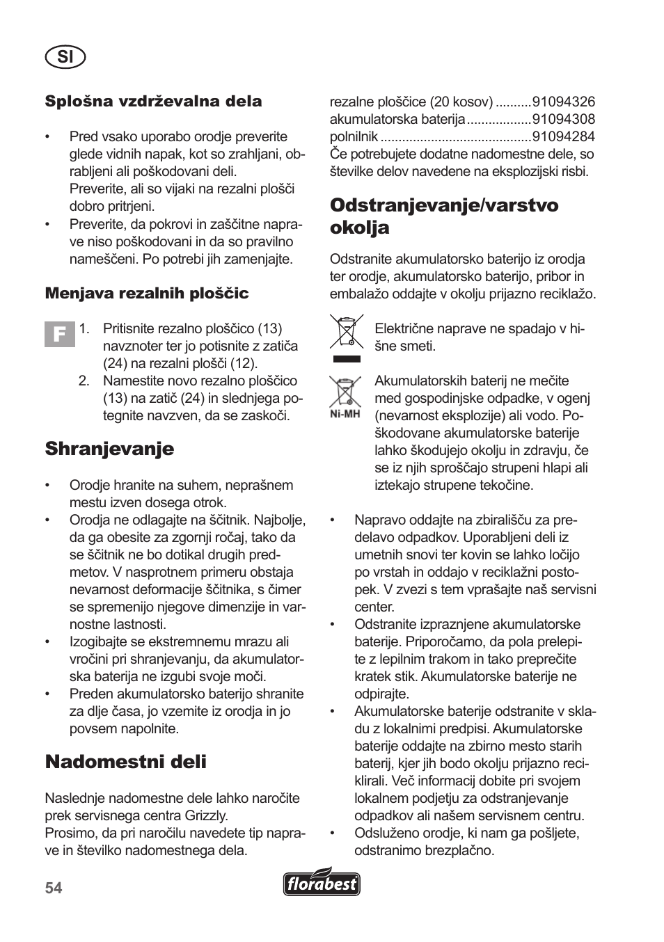 Shranjevanje, Nadomestni deli, Odstranjevanje/varstvo okolja | Florabest FRT 18 A1 User Manual | Page 54 / 106