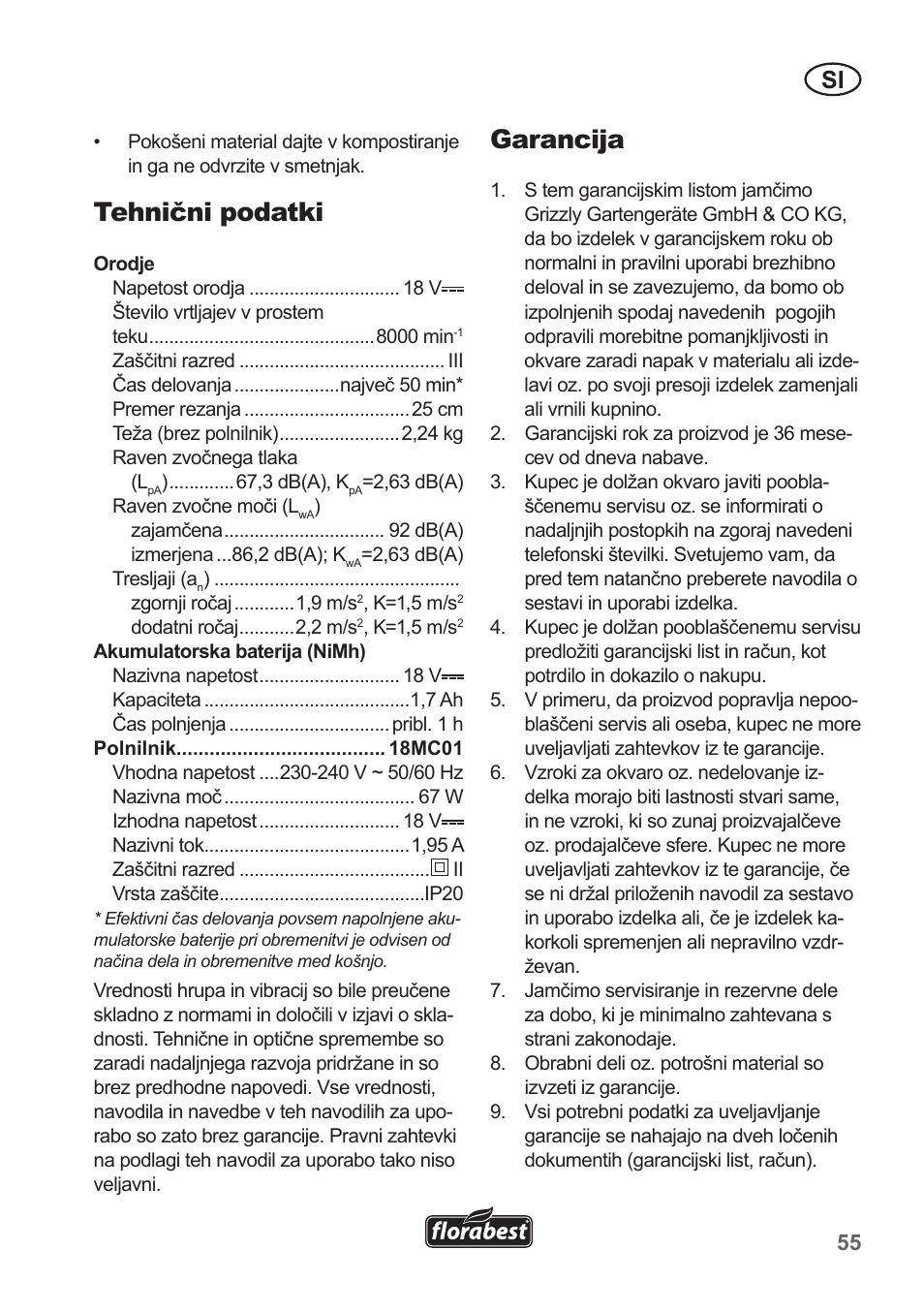 Tehnični podatki, Garancija | Florabest FRT 18 A1 User Manual | Page 55 / 106