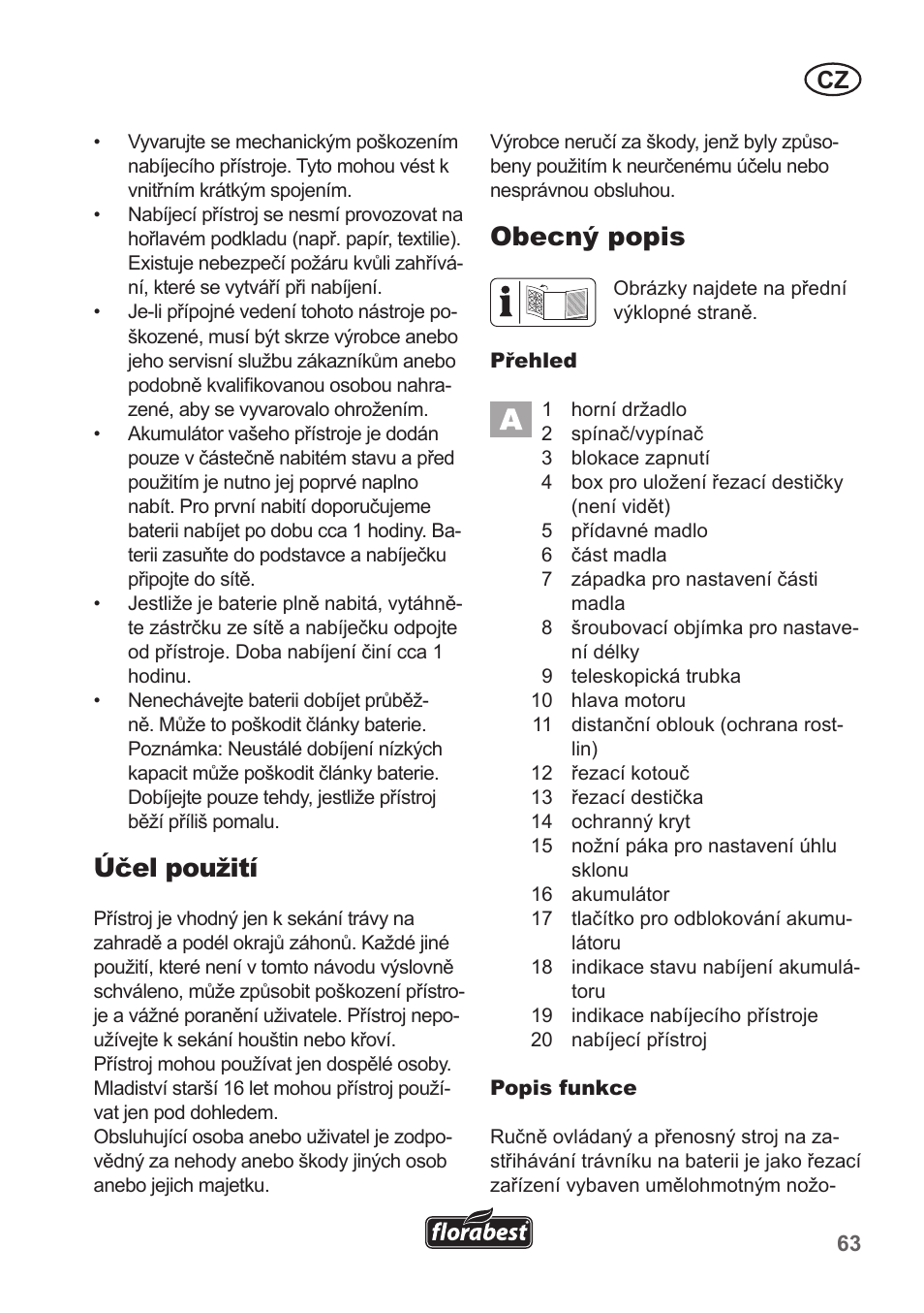 Účel použití, Obecný popis | Florabest FRT 18 A1 User Manual | Page 63 / 106