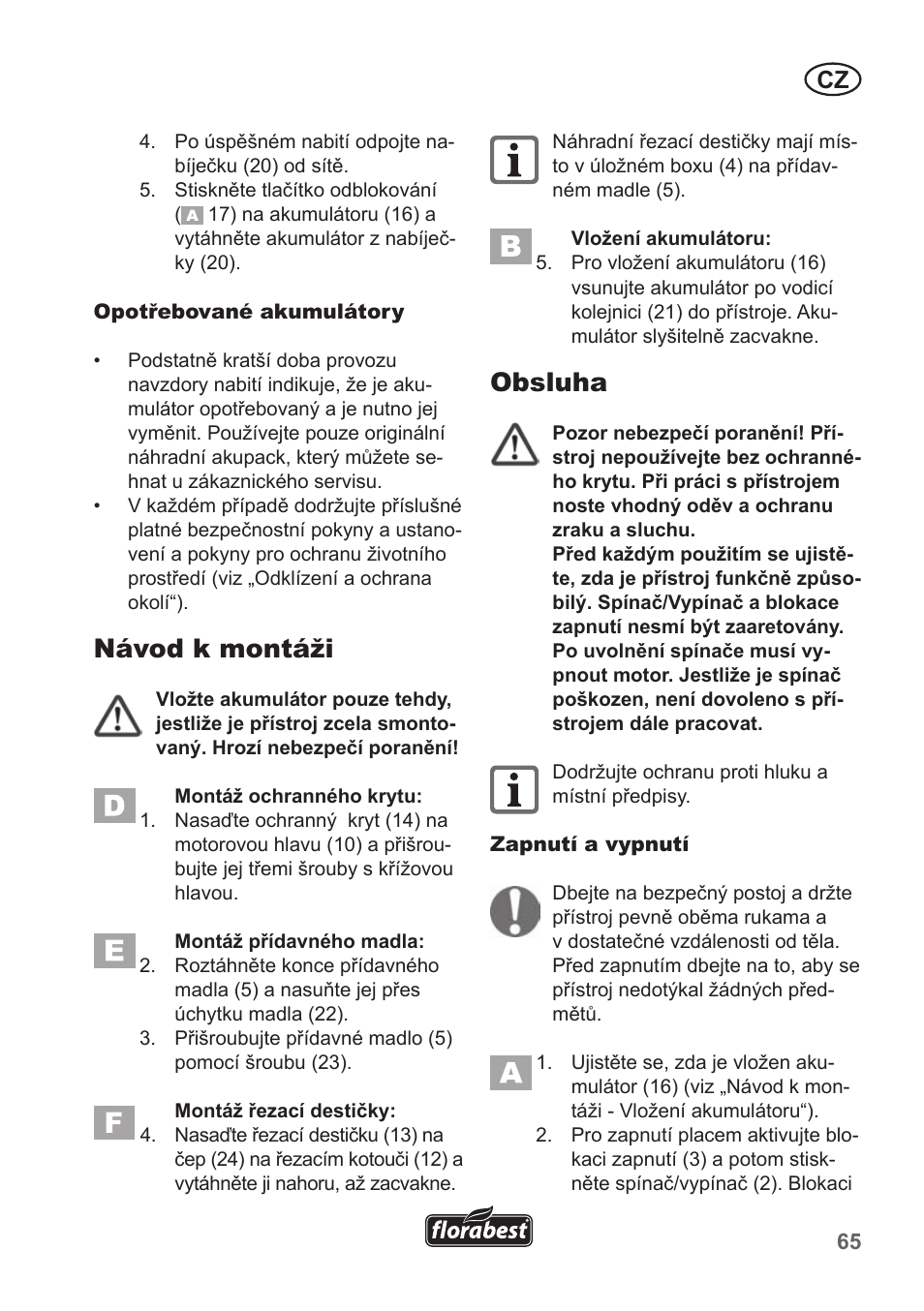 Návod k montáži, Obsluha | Florabest FRT 18 A1 User Manual | Page 65 / 106