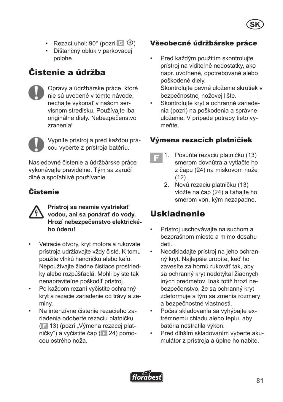 Čistenie a údržba, Uskladnenie | Florabest FRT 18 A1 User Manual | Page 81 / 106