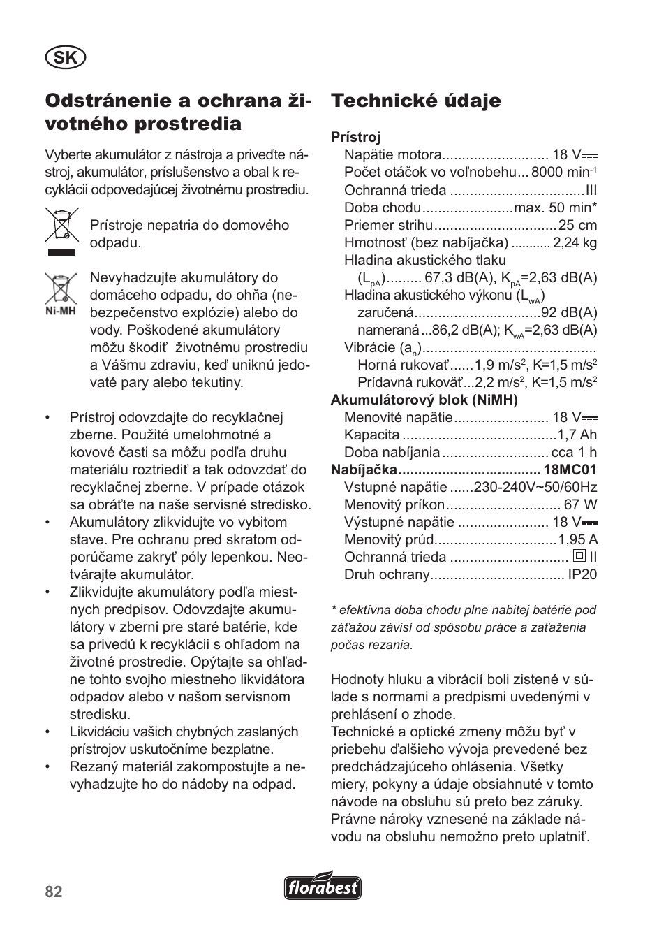 Odstránenie a ochrana ži- votného prostredia, Technické údaje | Florabest FRT 18 A1 User Manual | Page 82 / 106