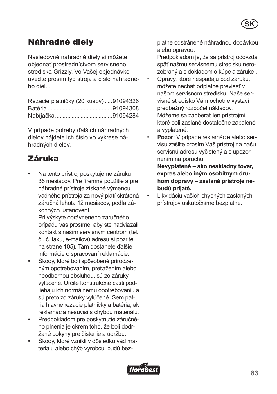 Náhradné diely, Záruka | Florabest FRT 18 A1 User Manual | Page 83 / 106