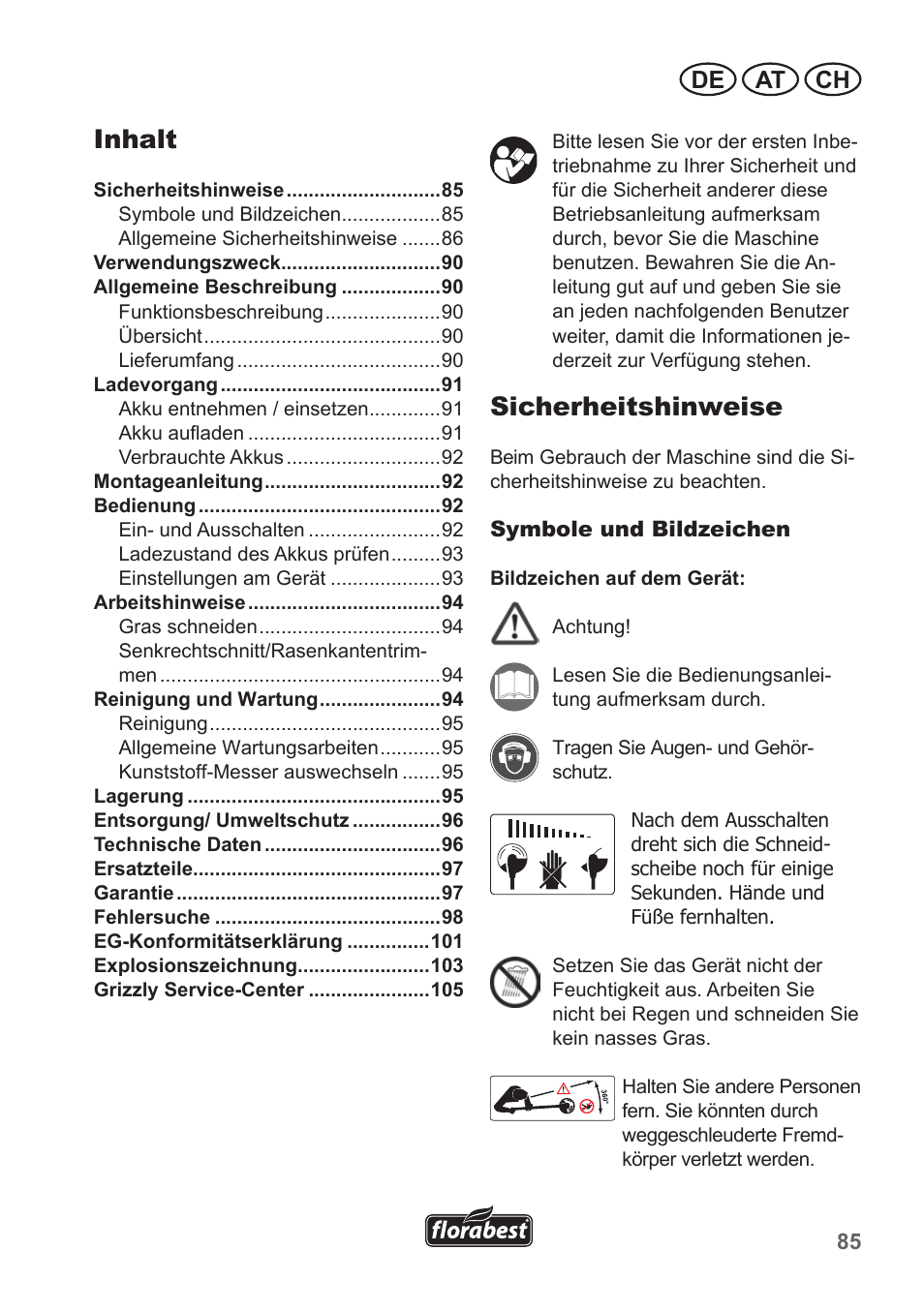 Inhalt, Sicherheitshinweise, De at ch | Florabest FRT 18 A1 User Manual | Page 85 / 106