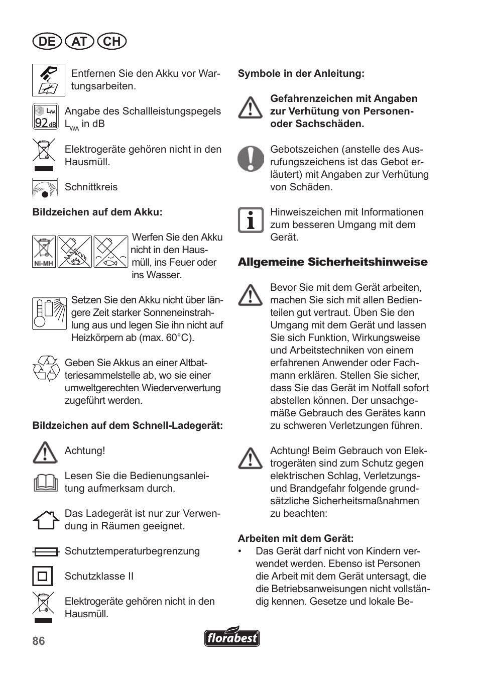 De at ch | Florabest FRT 18 A1 User Manual | Page 86 / 106