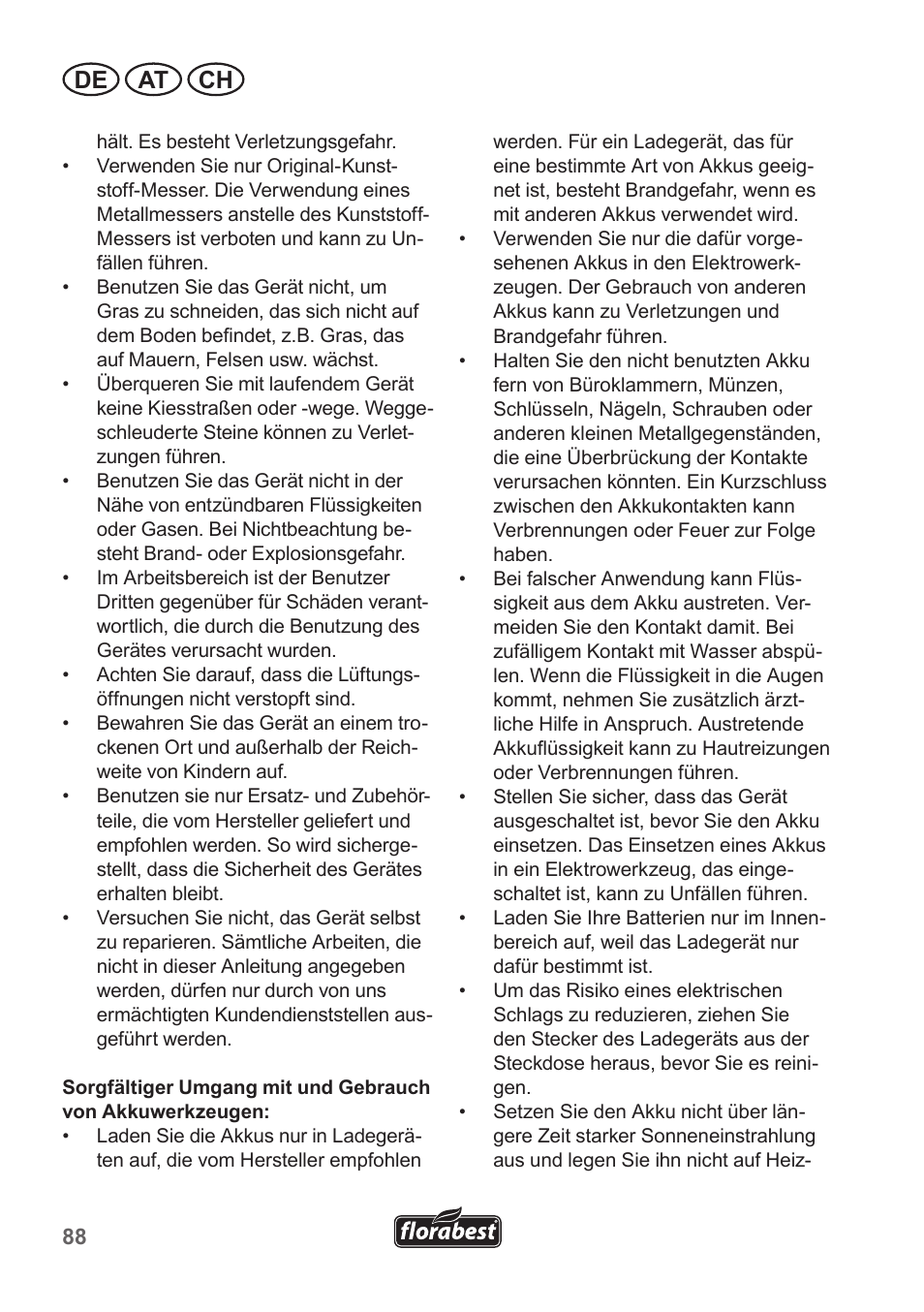 De at ch | Florabest FRT 18 A1 User Manual | Page 88 / 106
