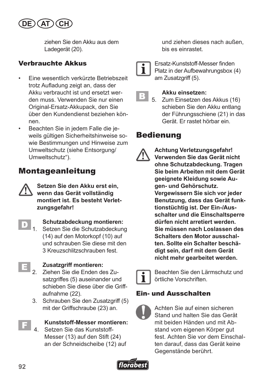 Montageanleitung, Bedienung, De at ch | Florabest FRT 18 A1 User Manual | Page 92 / 106