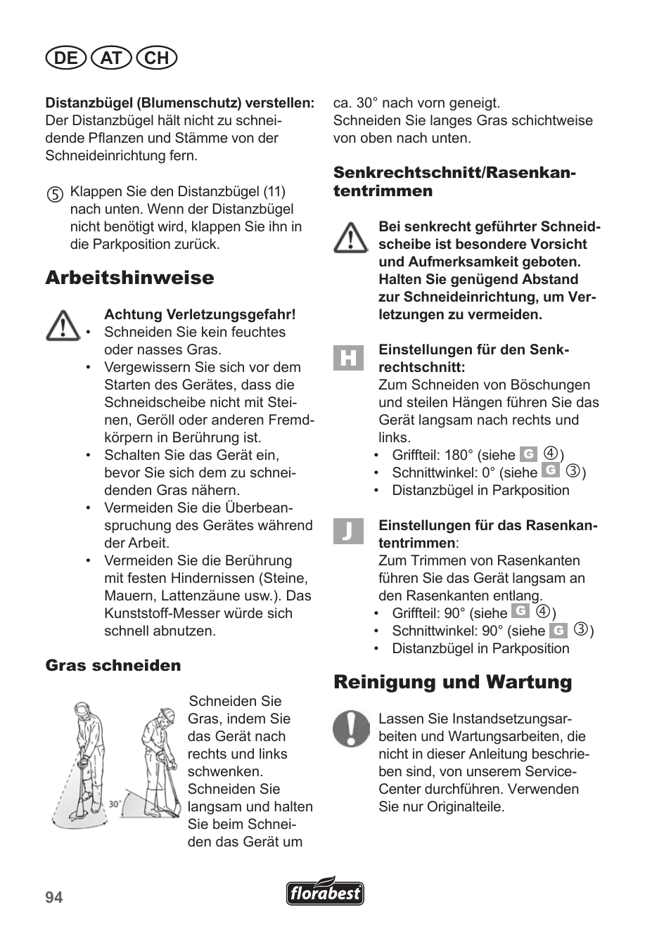 Arbeitshinweise, Reinigung und wartung, De at ch | Florabest FRT 18 A1 User Manual | Page 94 / 106