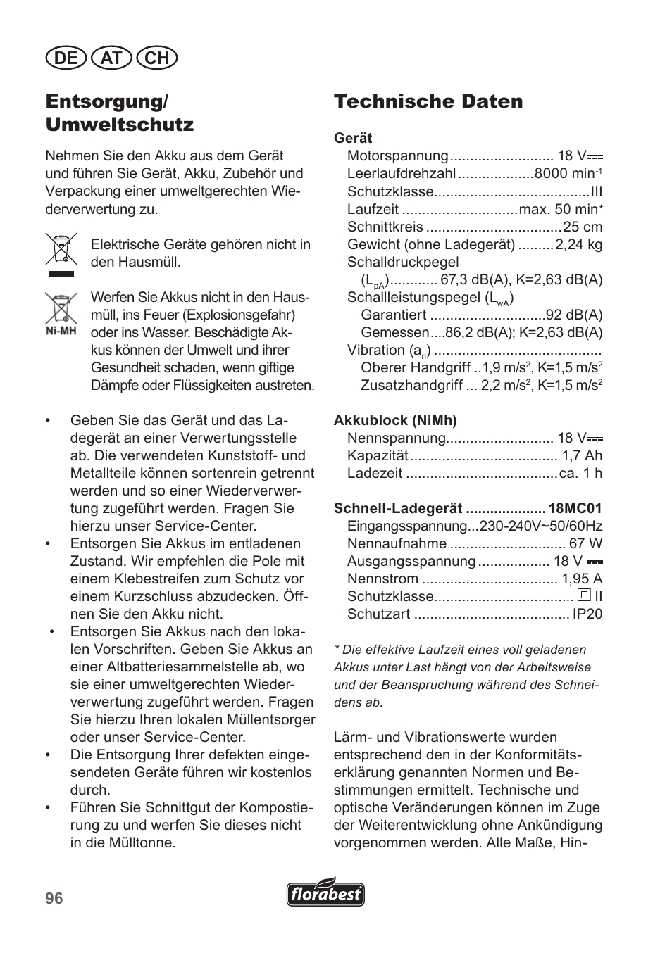 Entsorgung/ umweltschutz, Technische daten, De at ch | Florabest FRT 18 A1 User Manual | Page 96 / 106