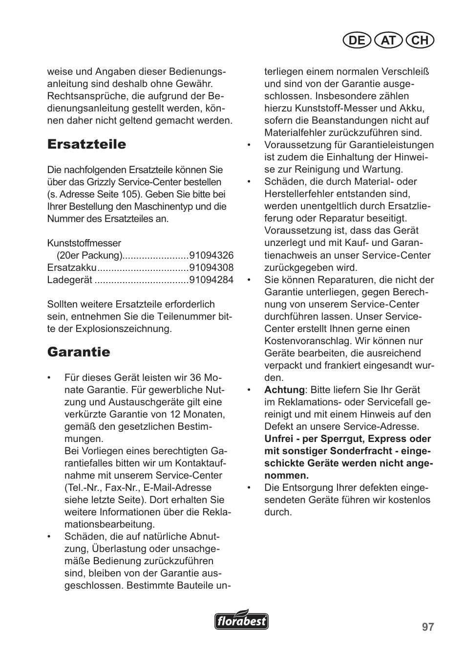 Ersatzteile, Garantie, De at ch | Florabest FRT 18 A1 User Manual | Page 97 / 106