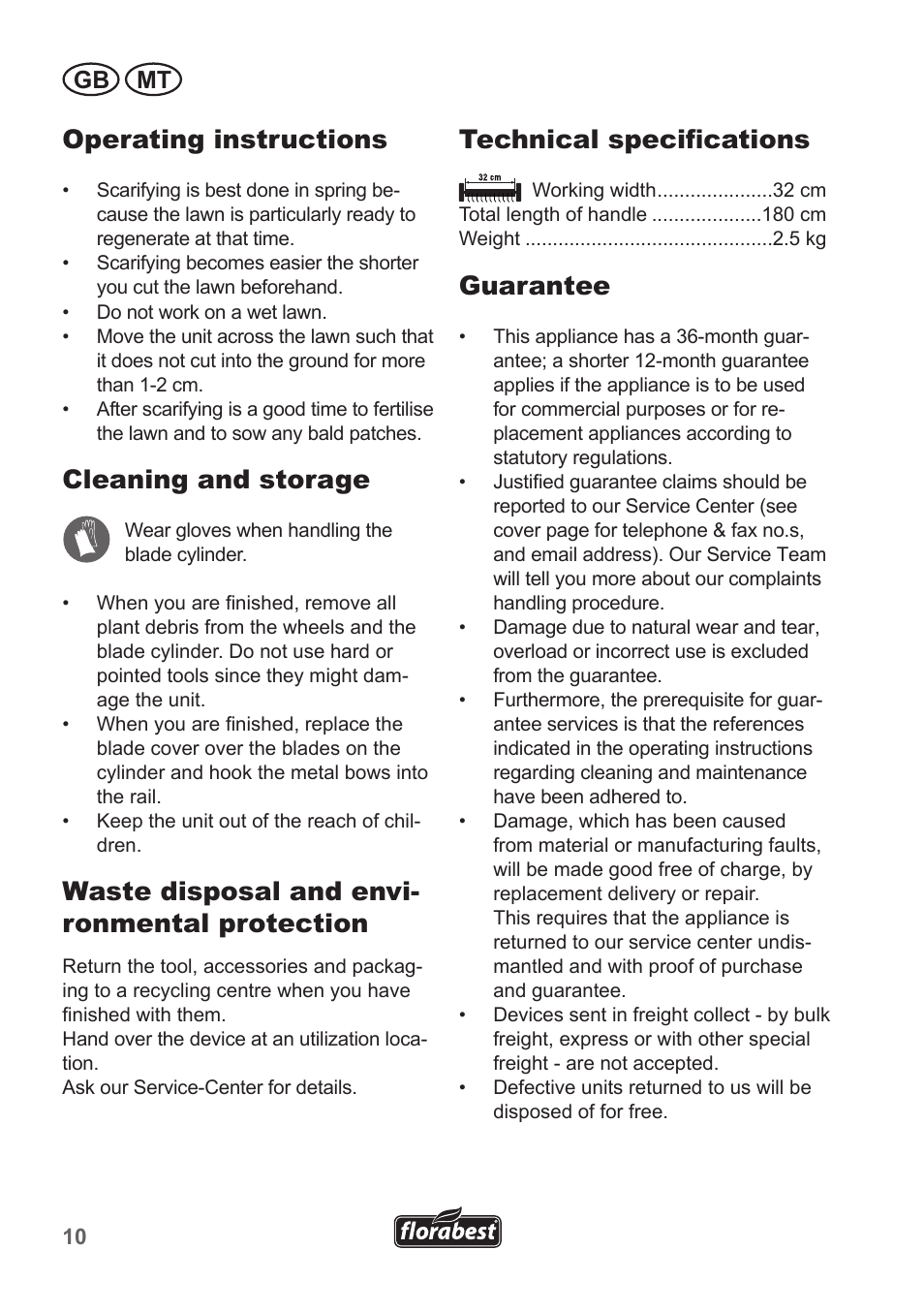 Operating instructions, Cleaning and storage, Waste disposal and envi- ronmental protection | Technical specifications, Guarantee, Gb mt | Florabest FHV 32 A1 User Manual | Page 10 / 16