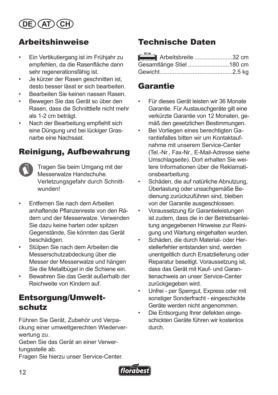 Arbeitshinweise, Reinigung, aufbewahrung, Entsorgung/umwelt- schutz | Technische daten, Garantie, De at ch | Florabest FHV 32 A1 User Manual | Page 12 / 16