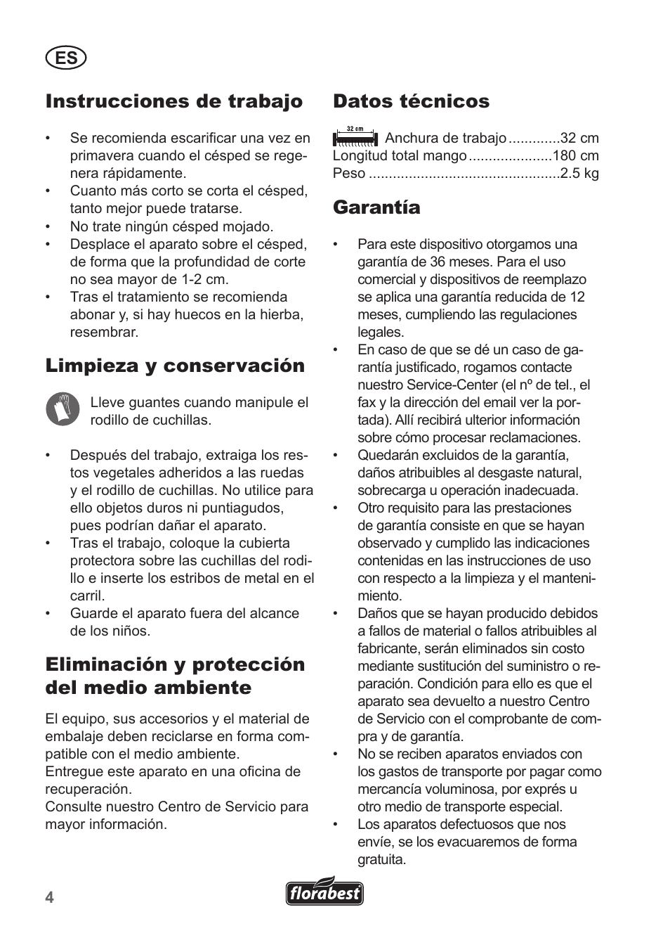 Instrucciones de trabajo, Limpieza y conservación, Eliminación y protección del medio ambiente | Datos técnicos, Garantía | Florabest FHV 32 A1 User Manual | Page 4 / 16