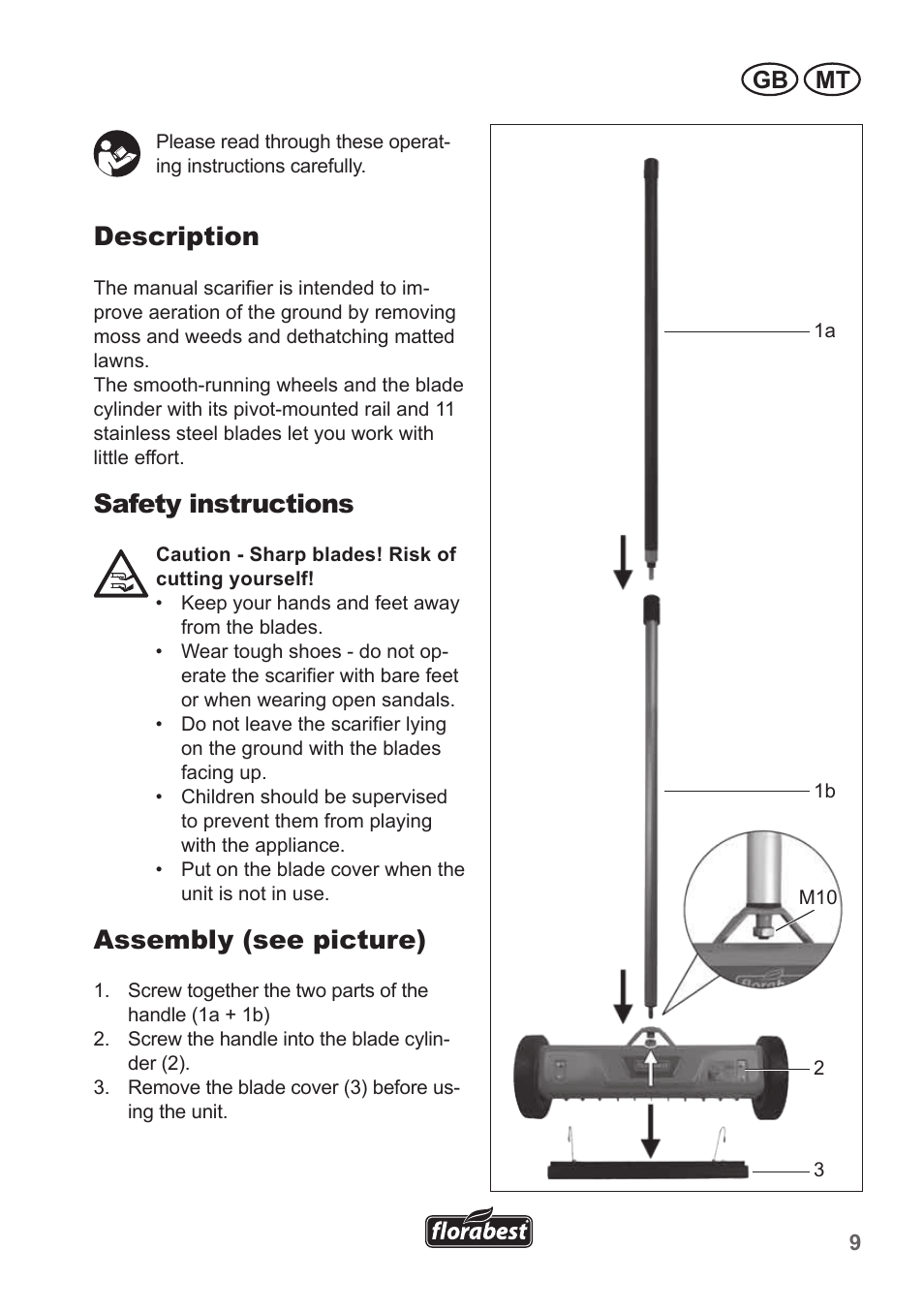 Description, Safety instructions, Assembly (see picture) | Gb mt | Florabest FHV 32 A1 User Manual | Page 9 / 16