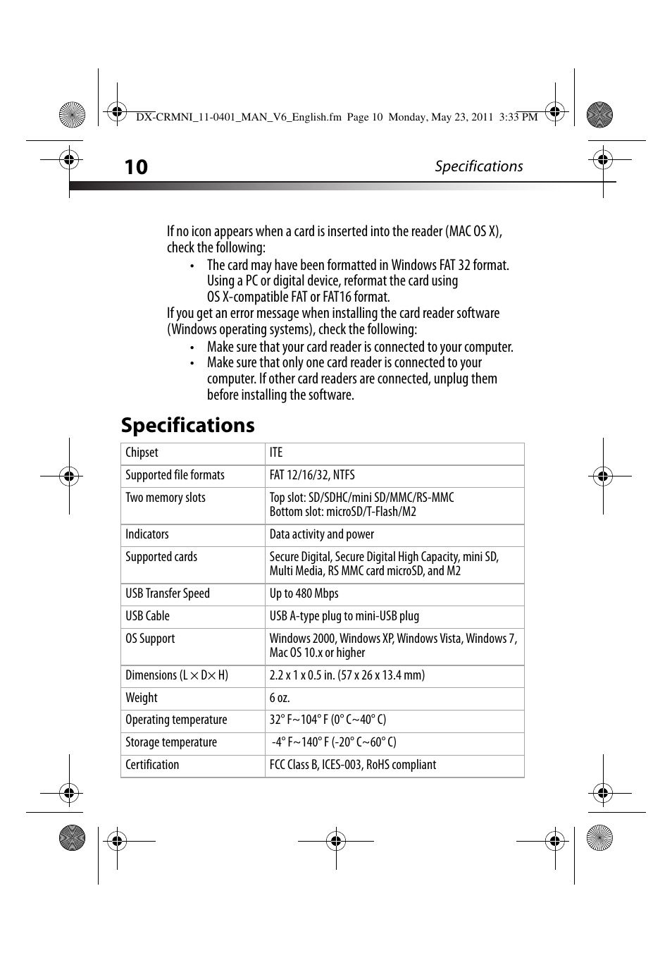 Specifications | Dynex DX-CRMN1 User Manual | Page 10 / 16