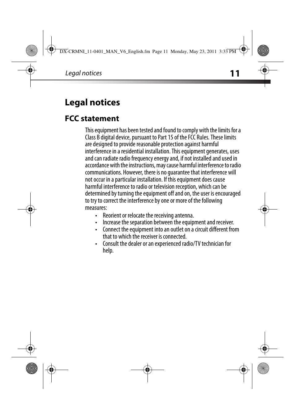 Legal notices, Fcc statement | Dynex DX-CRMN1 User Manual | Page 11 / 16