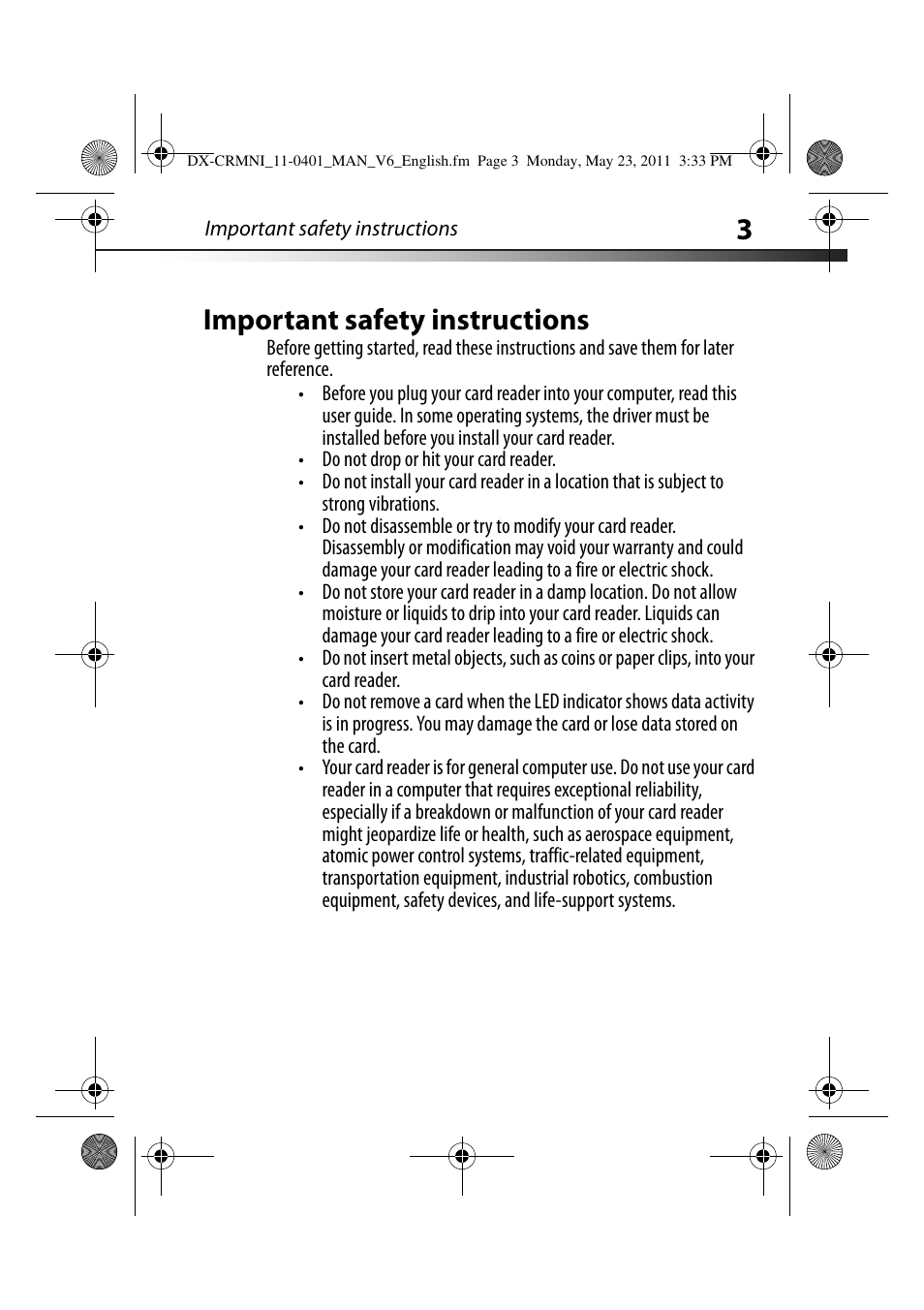 Important safety instructions | Dynex DX-CRMN1 User Manual | Page 3 / 16