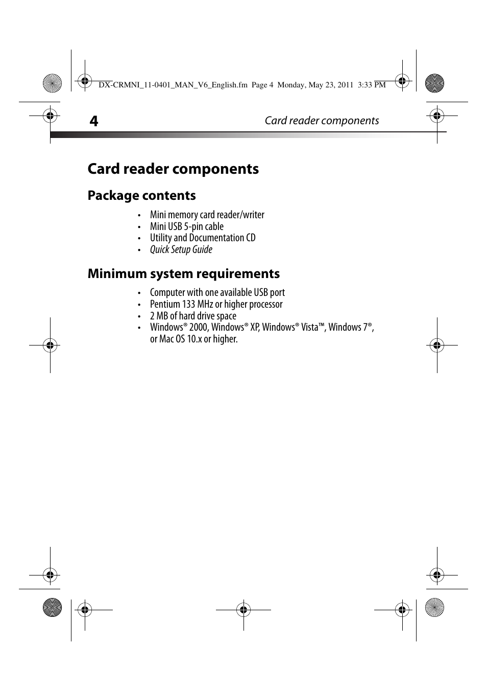Card reader components, Package contents, Minimum system requirements | Dynex DX-CRMN1 User Manual | Page 4 / 16