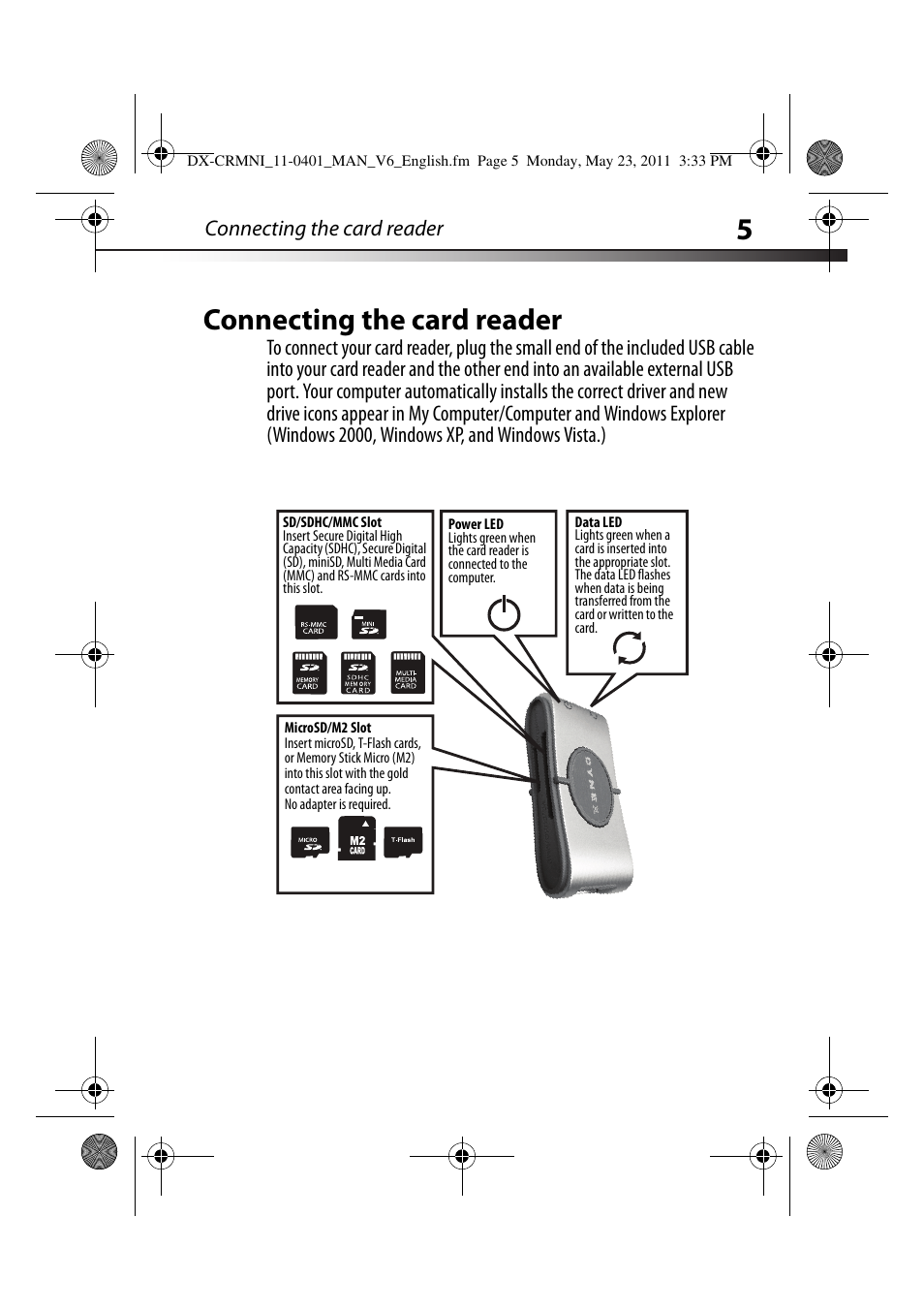 Connecting the card reader | Dynex DX-CRMN1 User Manual | Page 5 / 16