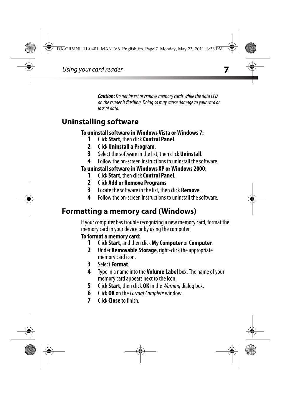 Uninstalling software, Formatting a memory card (windows), To format a memory card | Dynex DX-CRMN1 User Manual | Page 7 / 16