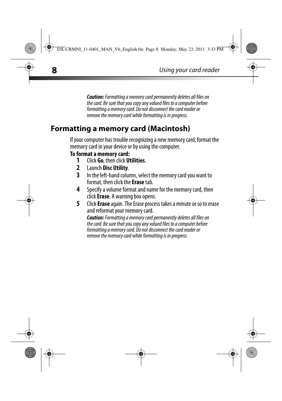 Formatting a memory card (macintosh), To format a memory card | Dynex DX-CRMN1 User Manual | Page 8 / 16