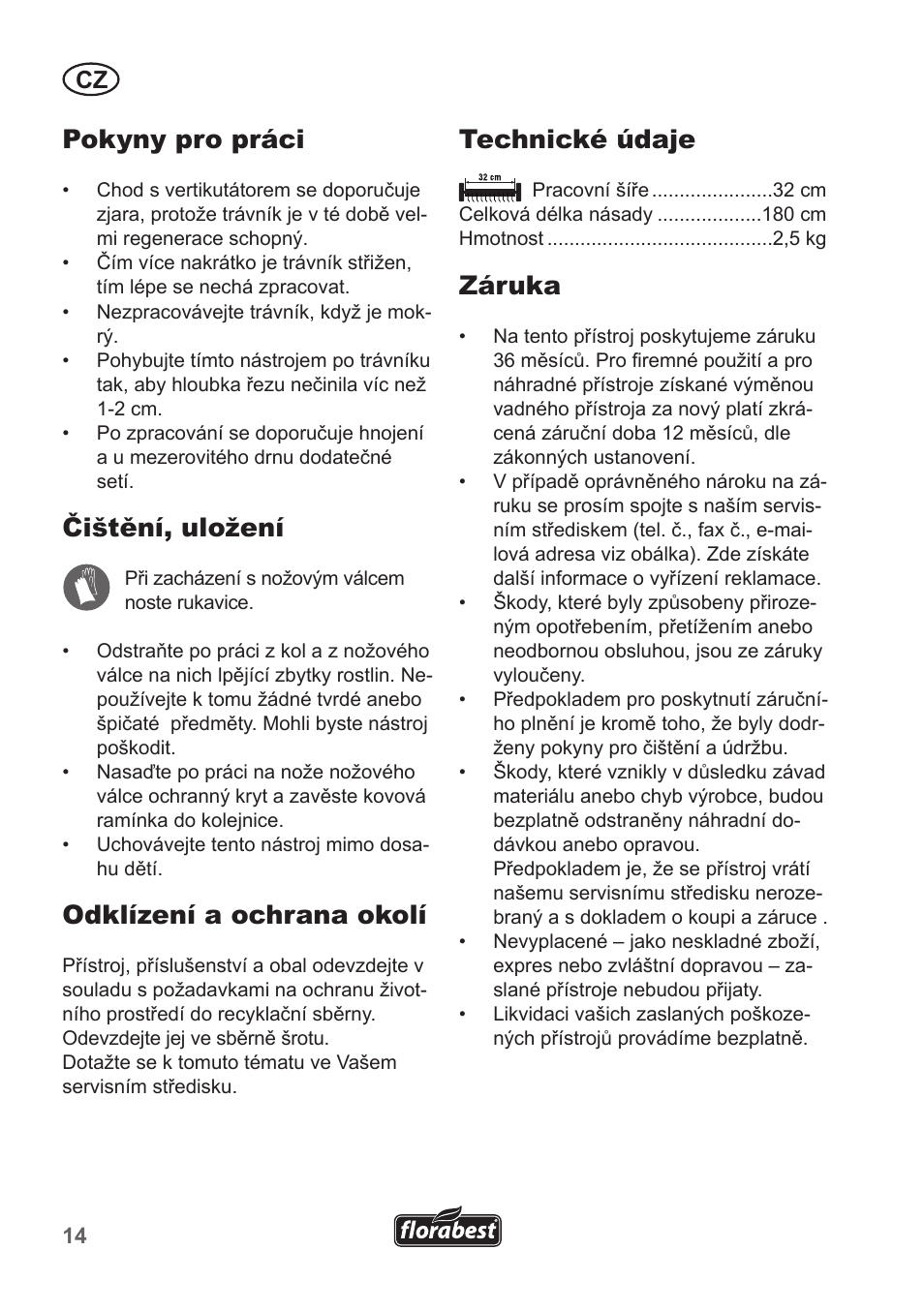 Pokyny pro práci, Čištění, uložení, Odklízení a ochrana okolí | Technické údaje, Záruka | Florabest FHV 32 A1 User Manual | Page 14 / 20