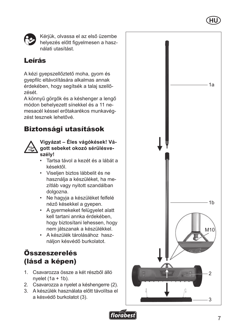 Leírás, Biztonsági utasítások, Összeszerelés (lásd a képen) | Florabest FHV 32 A1 User Manual | Page 7 / 20