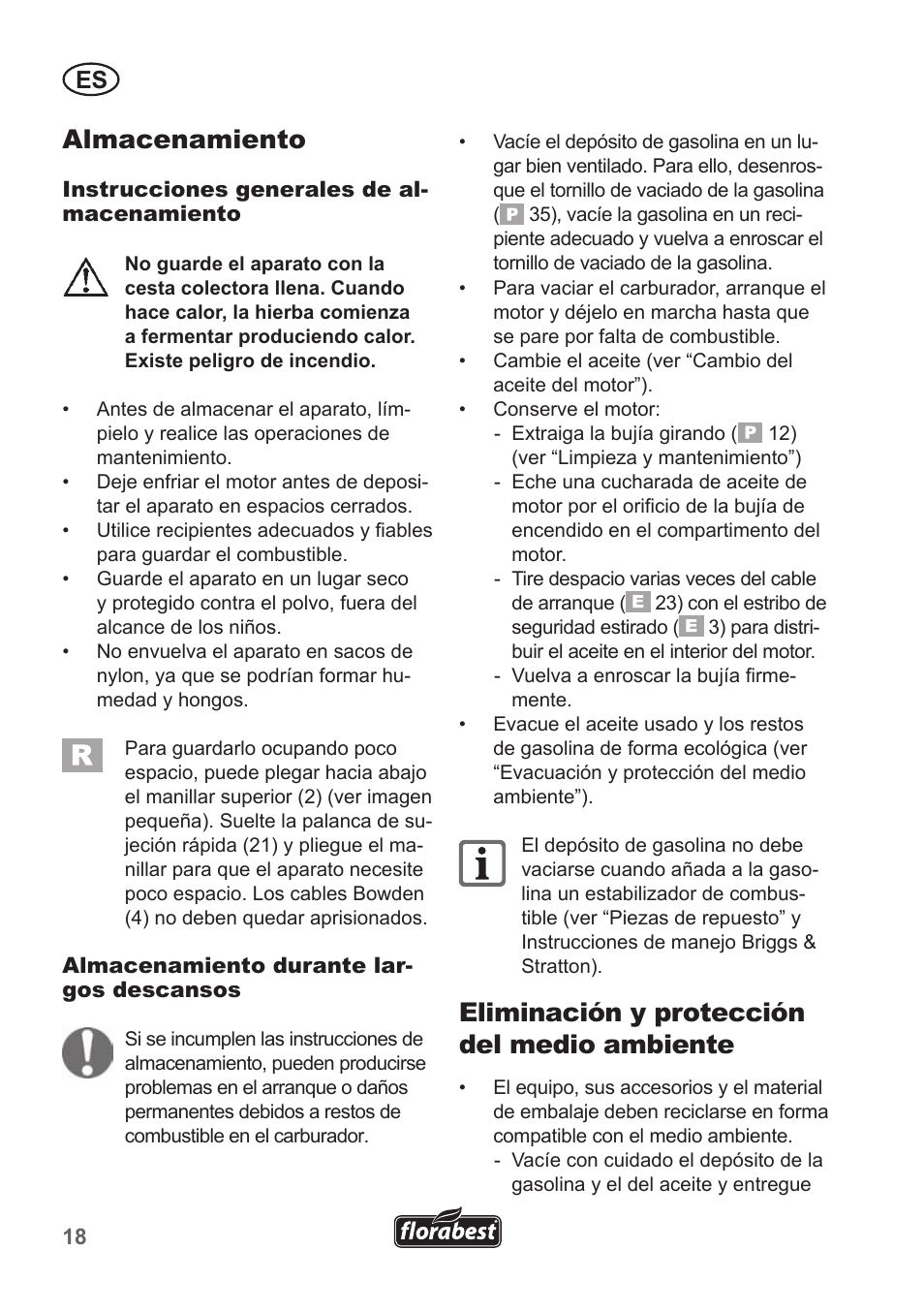 Almacenamiento, Eliminación y protección del medio ambiente | Florabest FBM 190 A1 User Manual | Page 18 / 100