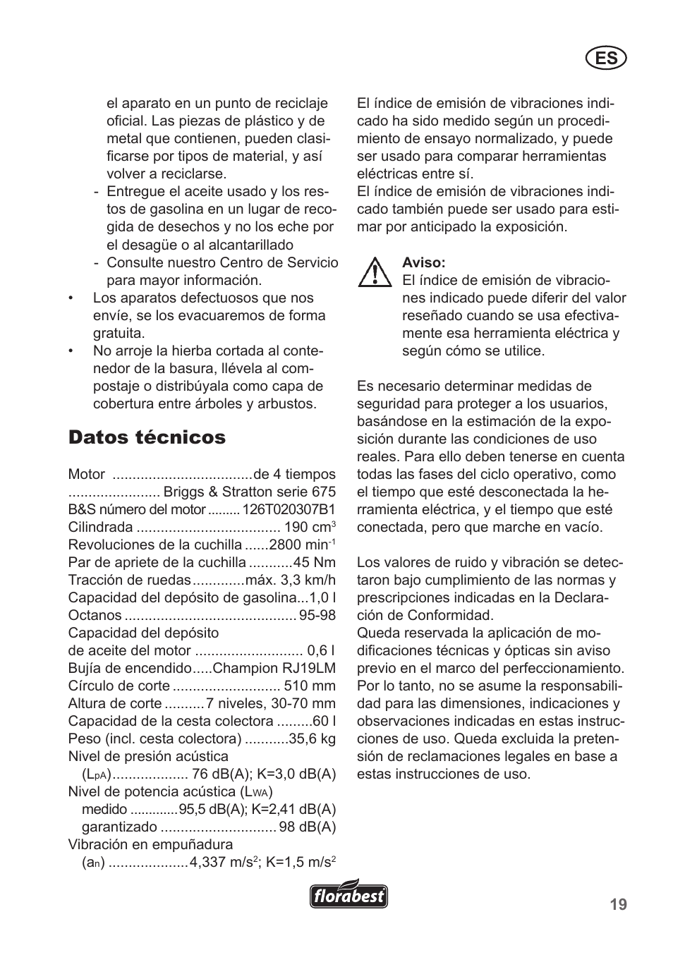 Datos técnicos | Florabest FBM 190 A1 User Manual | Page 19 / 100