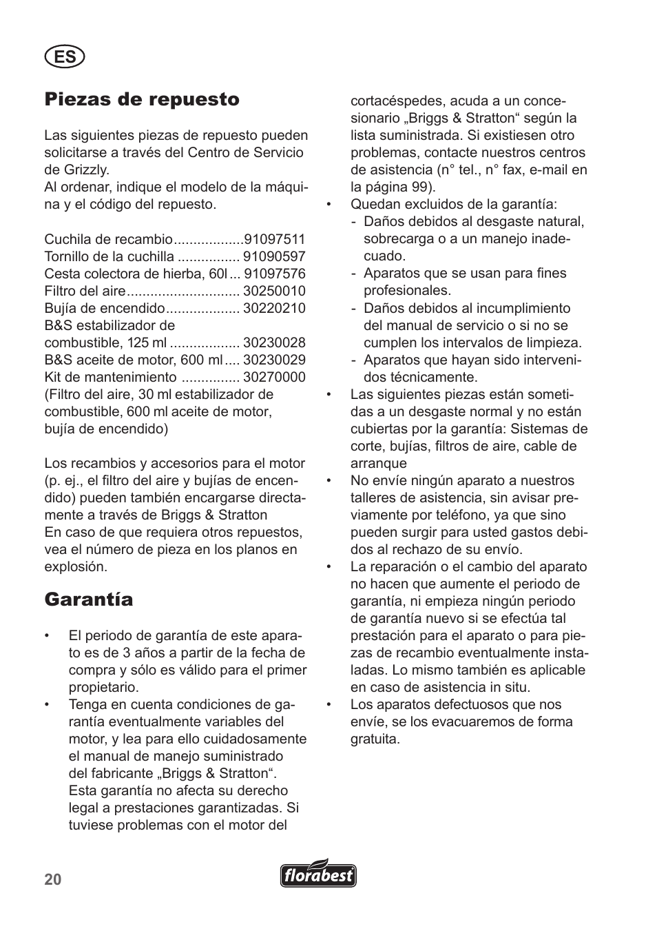 Piezas de repuesto, Garantía | Florabest FBM 190 A1 User Manual | Page 20 / 100