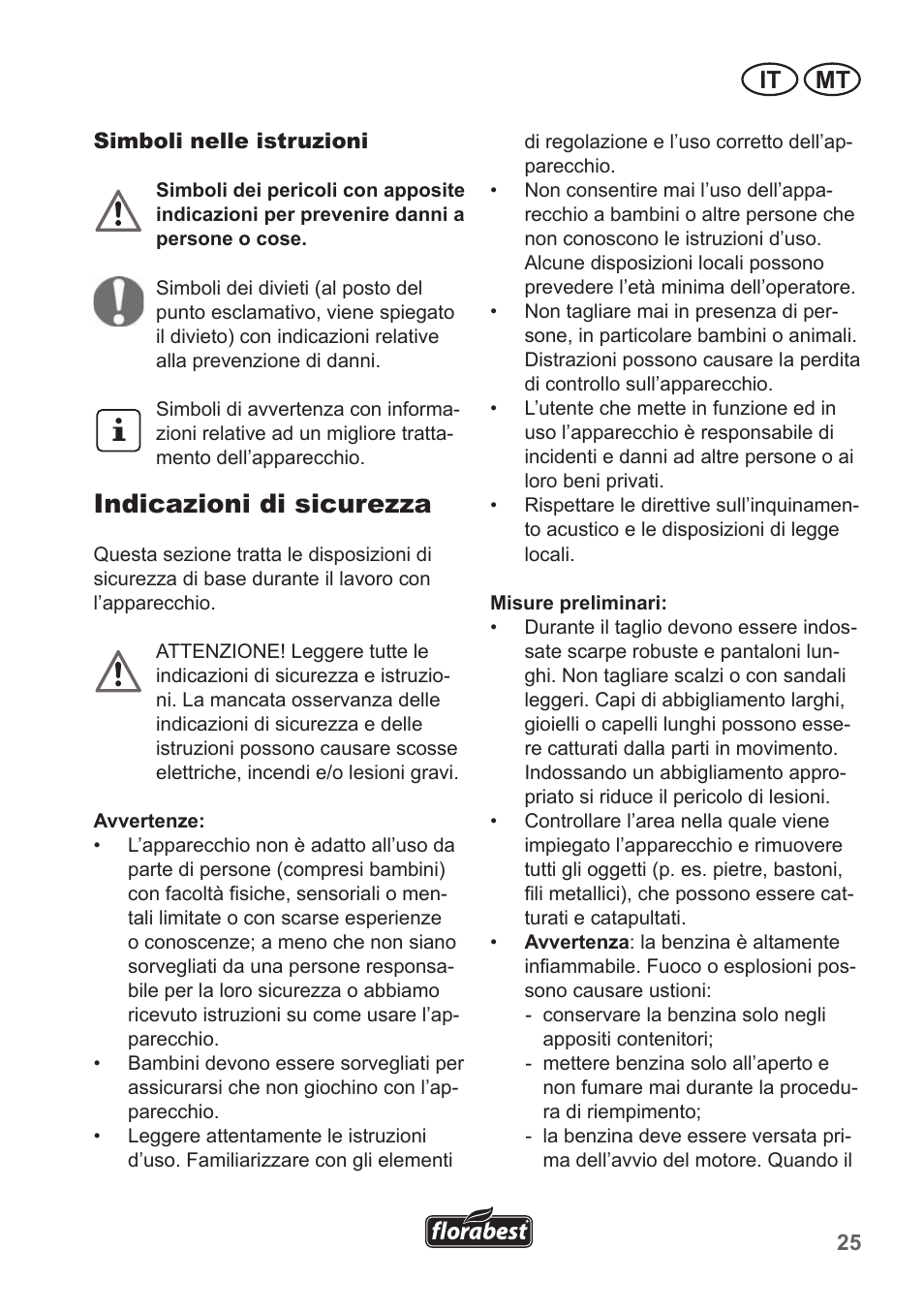 Indicazioni di sicurezza, It mt | Florabest FBM 190 A1 User Manual | Page 25 / 100