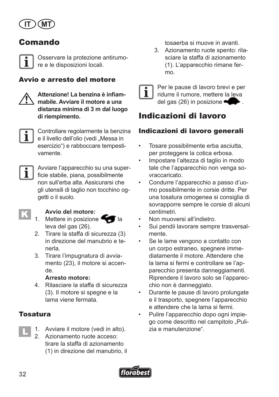 Comando, Indicazioni di lavoro, It mt | Florabest FBM 190 A1 User Manual | Page 32 / 100