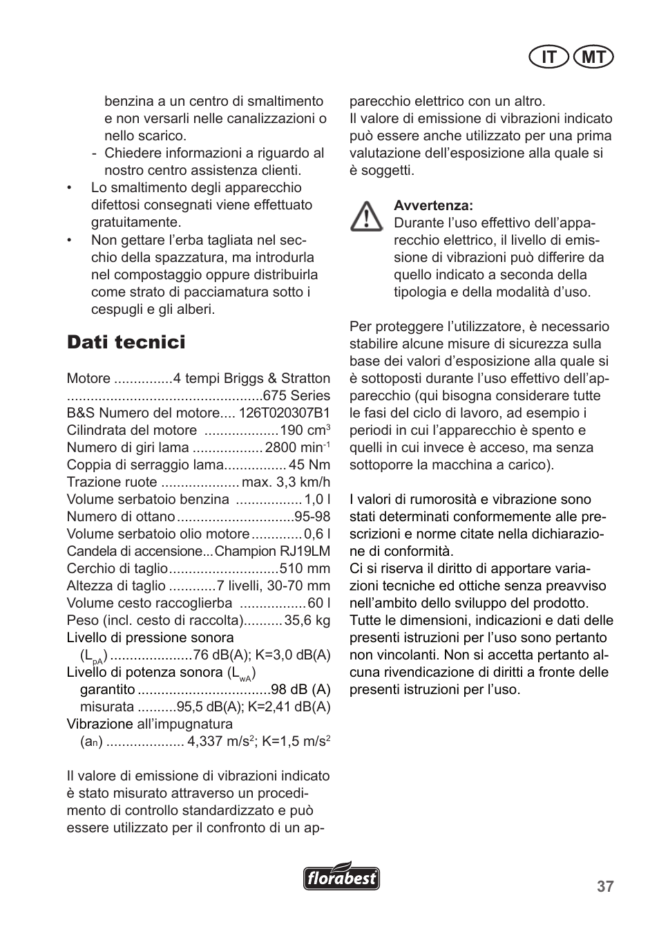 Dati tecnici, It mt | Florabest FBM 190 A1 User Manual | Page 37 / 100