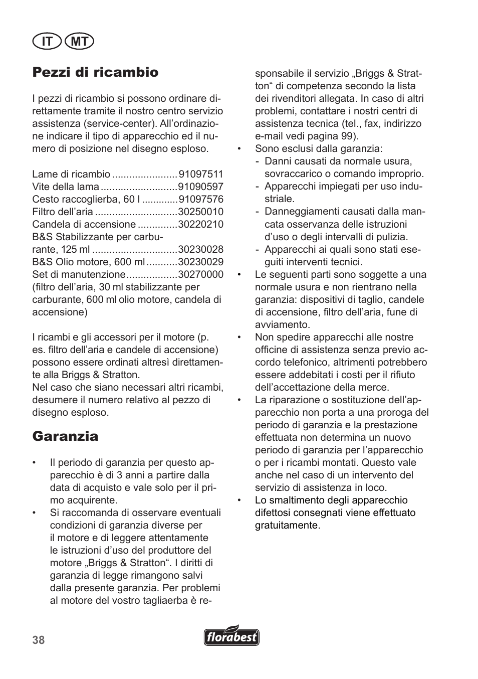 Pezzi di ricambio, Garanzia, It mt | Florabest FBM 190 A1 User Manual | Page 38 / 100