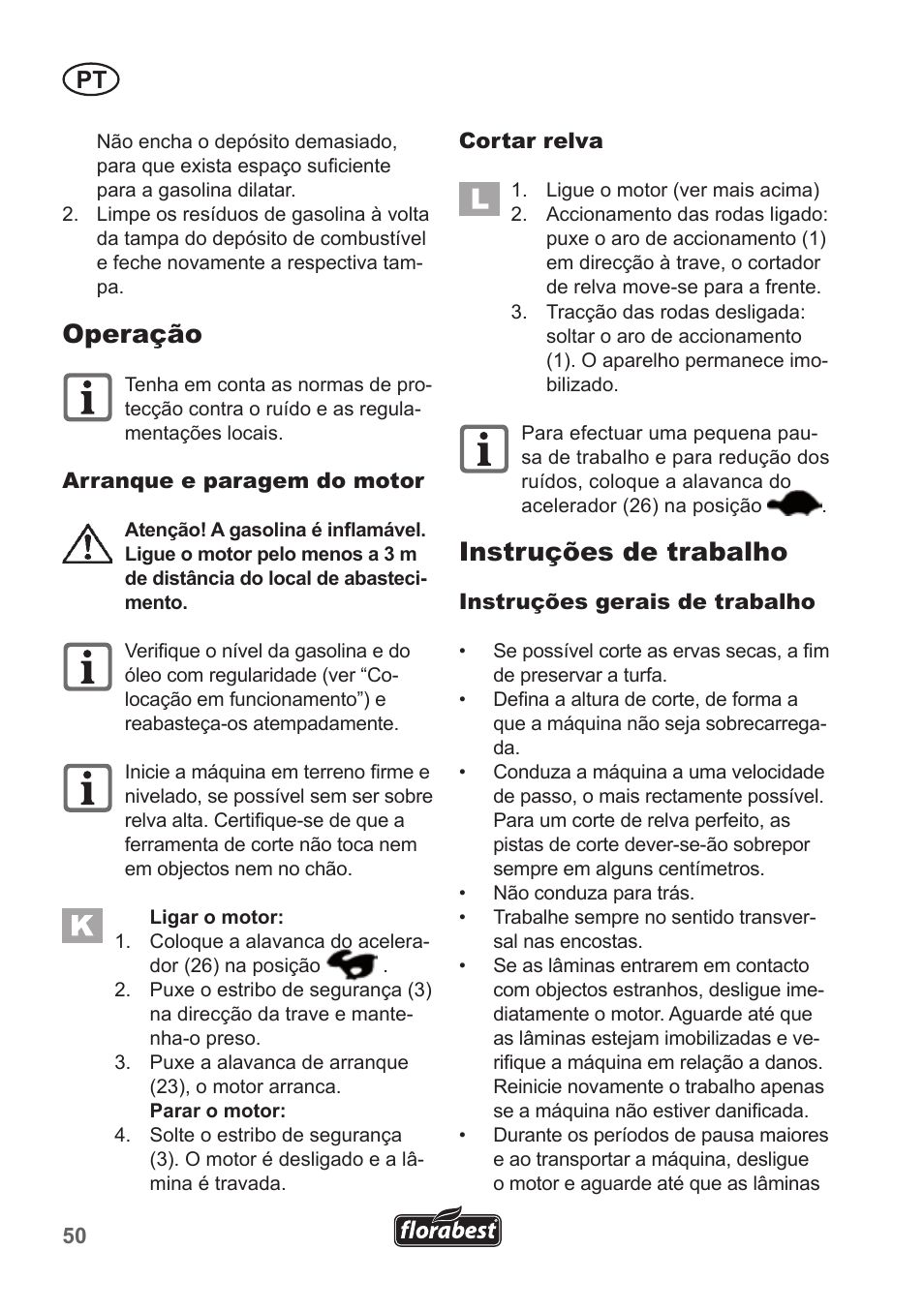 Operação, Instruções de trabalho | Florabest FBM 190 A1 User Manual | Page 50 / 100
