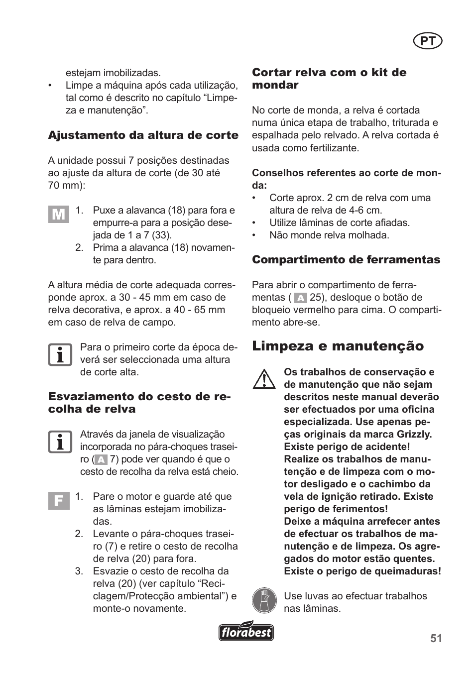 Limpeza e manutenção | Florabest FBM 190 A1 User Manual | Page 51 / 100