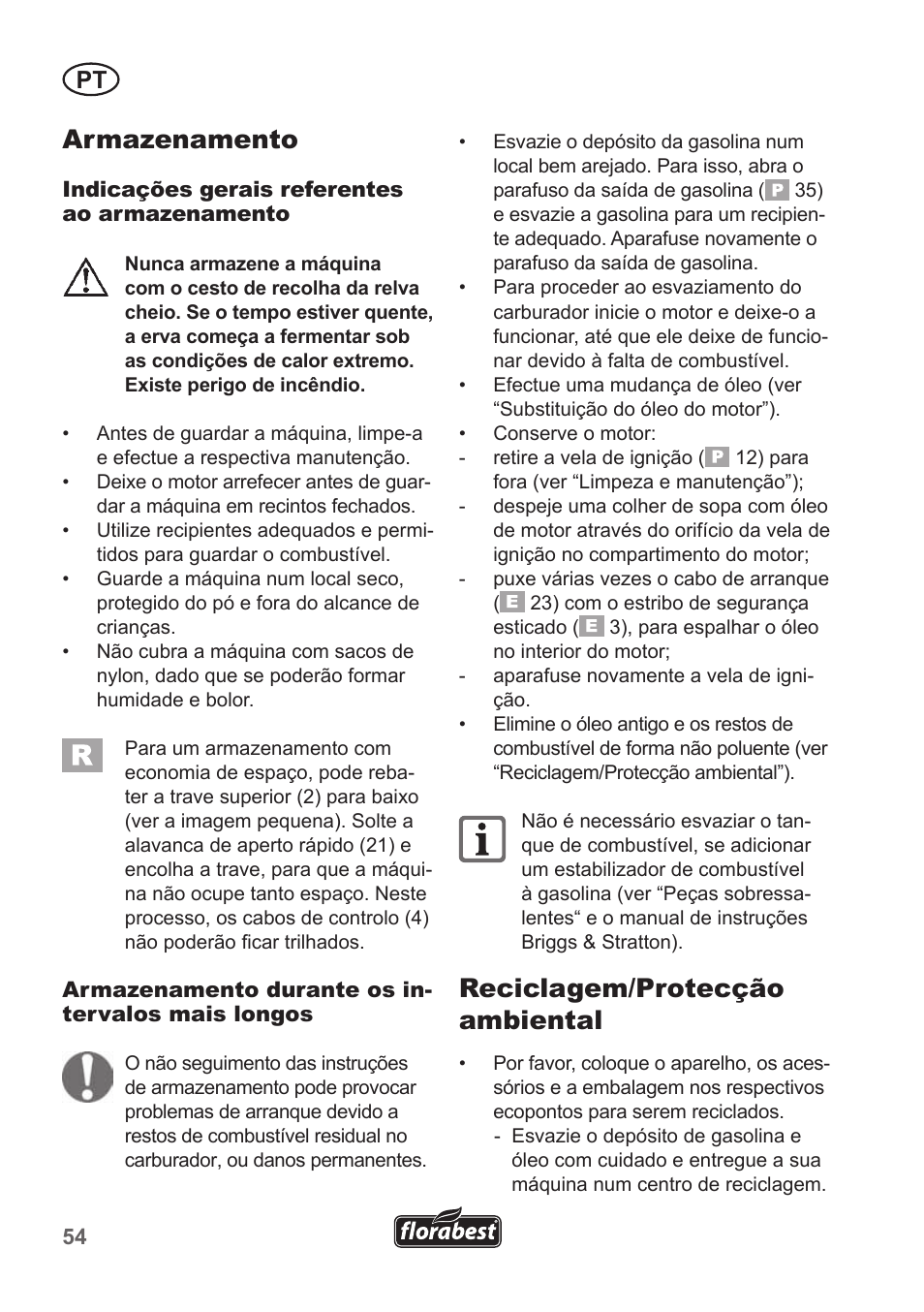 Armazenamento, Reciclagem/protecção ambiental | Florabest FBM 190 A1 User Manual | Page 54 / 100