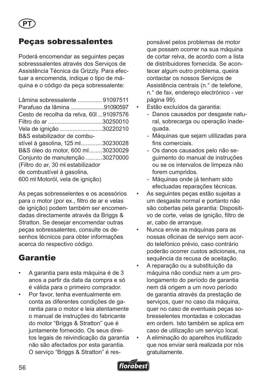 Peças sobressalentes, Garantie | Florabest FBM 190 A1 User Manual | Page 56 / 100